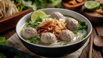 bakso, meatball soup with noodles, indonesian cuisine 