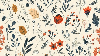Vintage Botanical of Diverse Flowers and Foliage Elements