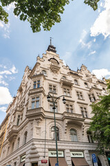 Fototapeta premium The buildings corner of Kostechna Street and Parisian Street in the old part of Prague in Czech Republic