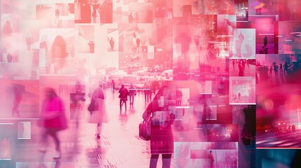 A creative mix of urban scenes and abstract digital elements, this image features blurred figures walking through a cityscape. The overlapping geometric shapes and vibrant red tones evoke modernity