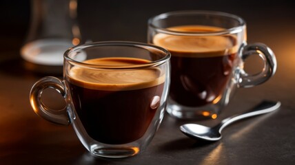 Rich espresso served in two glasses, set against a dark background for a bold coffee experience