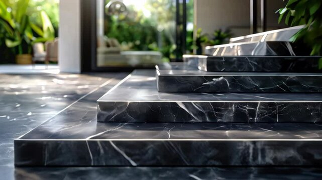 Detailed view of elegant marble steps leading to a modern indoor space surrounded by greenery in a sunlit area