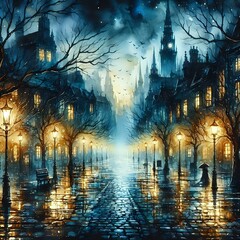 Obraz premium Mystical Nocturne on a Rainy Boulevard