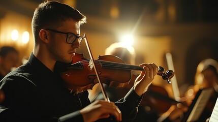 Fototapeta premium Violinist Performing on Stage with Dramatic Lighting