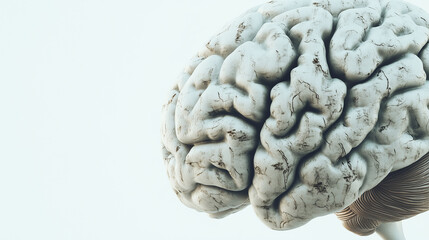 Close-up of a human brain model displaying visible age-related changes, including wrinkles and discoloration, on a white background with ample copy space. Focus on the natural aging