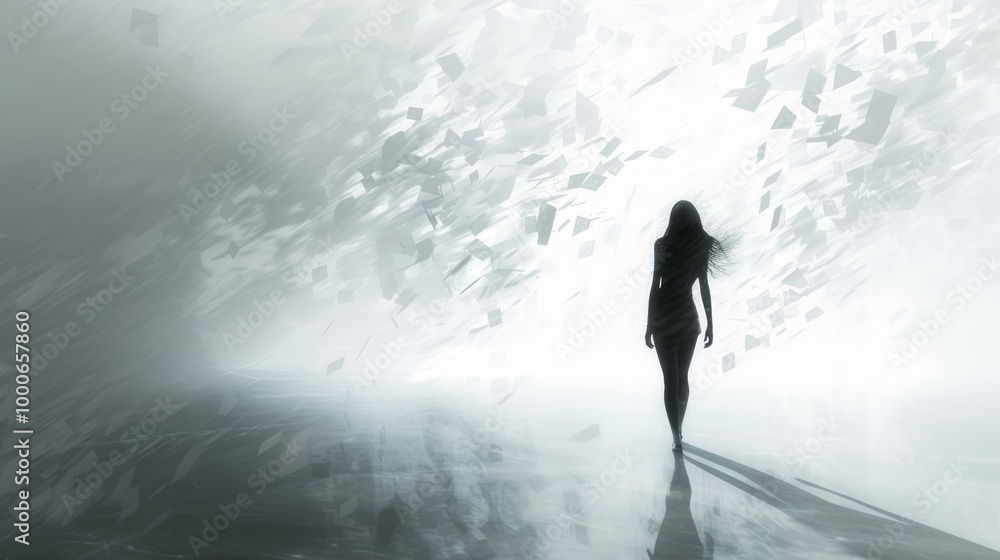Poster a mysterious silhouette of a woman walks through a surreal digital environment. abstract shapes floa