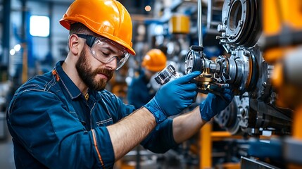 An industrial worker adjusts machinery in a factory, focused and efficient.