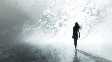 Obraz premium A mysterious silhouette of a woman walks through a surreal digital environment. Abstract shapes float around her, creating a futuristic and dreamlike scene. Ideal for conceptual projects.