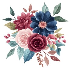 Fototapeta premium Watercolor bouquet of burgundy, navy blue, and pink roses, dahlia flowers, and green leaves isolated on a white background,