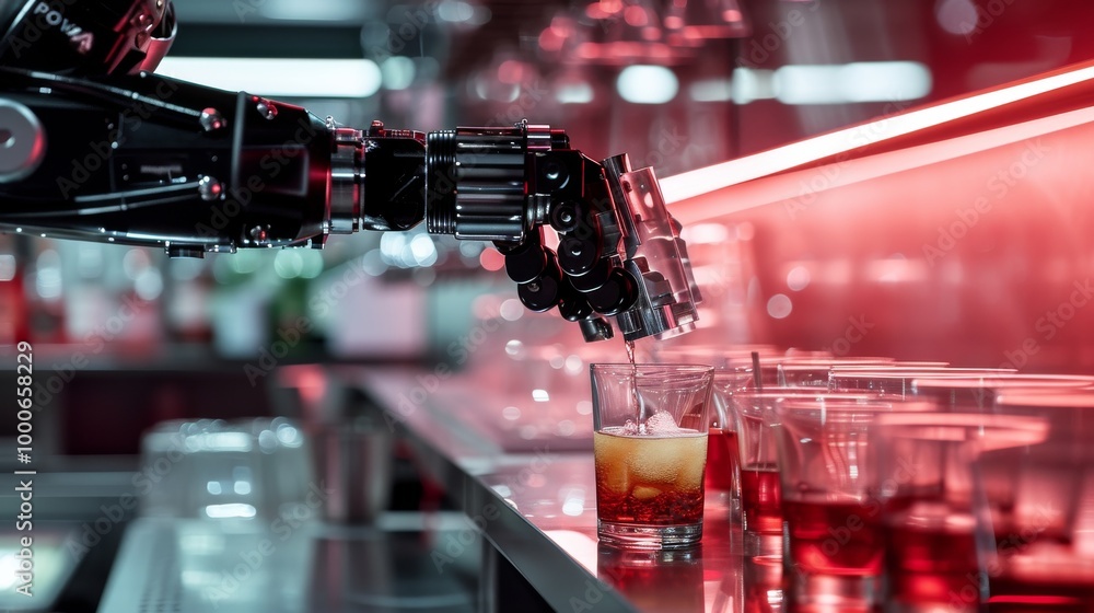 Poster a close-up of a robotic hand serving a glass of whiskey over ice in a bar filled with vibrant red li