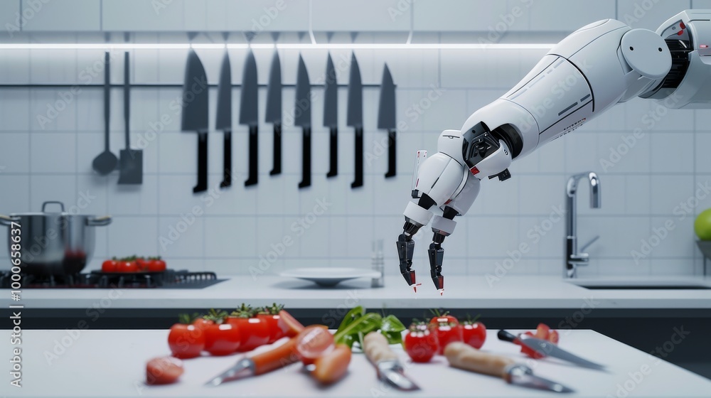 Poster a robotic arm handles vegetables on a countertop in a pristine, modern kitchen. advanced technology 