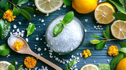 Naklejka na ściany i meble Lemon and sea salt offer spa-like relaxation on a blue wooden backdrop.