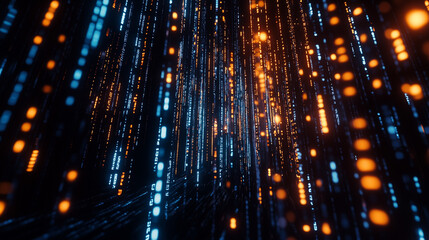 Abstract digital backgrounds with blue & orange lights. Signifies data flow in tech. Futuristic vibe.