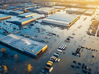 Aerial View of Flooded Industrial Area at Sunset