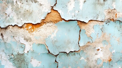 Obraz premium Close-up of a weathered blue wall with peeling paint and cracks, showcasing texture and aged beauty, ideal for vintage themes.