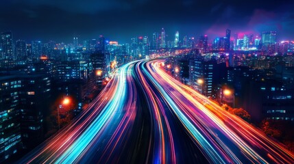 Fototapeta premium Smart city with speed line glowing light trail surround the city. big data connection technology concept