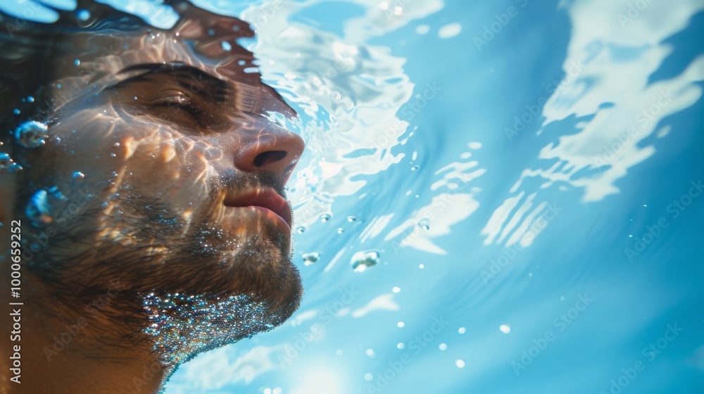 Poster a close-up of a man submerged underwater, with sunlight filtering through the surface. the bubbles a