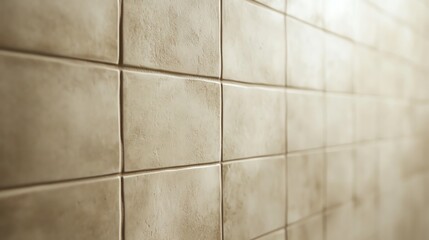 Close-up of beige ceramic tiles creating a textured wall, perfect for backgrounds in home interior themes.