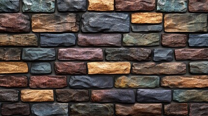 Obraz premium Colorful stone wall featuring a mix of textures and shades, perfect for architecture, interior design, and backgrounds.