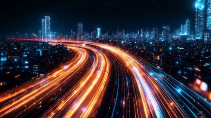 Fototapeta premium Smart city with speed line glowing light trail surround the city. big data connection technology concept