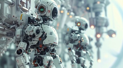 Humanoid robots stand in a highly advanced factory, waiting in line for their next task. The image captures the future of industrial automation, with sleek designs and cutting-edge robotics technology