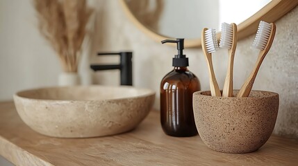 Modern bathroom accessories include bamboo toothbrushes and a sleek soap dispenser, eco-chic.