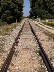 empty railway tracks leading towards trees on a sunny day