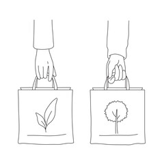 Ecology care and eco-friendly things concept. Human hands holding eco-friendly bags with pictures of plant planet and tree vector illustration