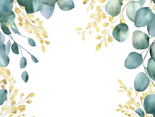 Watercolor eucalyptus garland frame isolated on a white background, a wedding decoration design with green leaves and yellow flowers. 