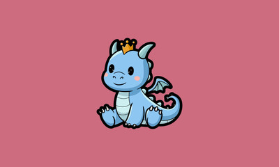 Cute blue dragon with a crown sitting on a pink background.