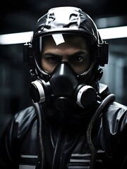 Fototapeta premium chemical engineer in a sleek hazmat suit and gas mask