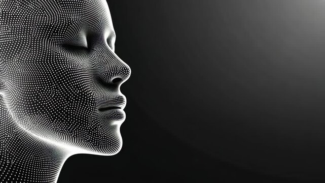 A digital rendering of a human face in profile, composed of white dots against a black background