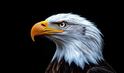 Obraz premium Majestic bald eagle portrait with open beak against a dark background, showcasing the fierce beauty and strength of this iconic bird of prey, Generative AI