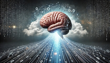 A visually striking digital illustration of a human brain with streams of binary code (1s and 0s) flowing into it from multiple directions, symbolizing the brain’s capacity to absorb and process vast 