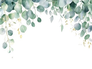 Watercolor eucalyptus garland frame isolated on a white background, a wedding decoration design with green leaves and yellow flowers. 