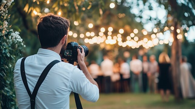 A photographer captures a moment at an outdoor event illuminated by string lights, surrounded by guests in the background.