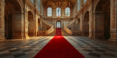 Regal Entrance: Red Carpet Pathway to Royal Thrones within Majestic Castle, Generative AI
