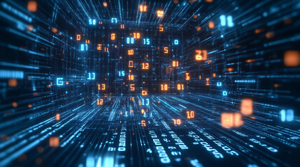 Abstract digital backgrounds with blue and orange lights. Cloud computing, Security, Data flow and tech. Futuristic atmosphere.