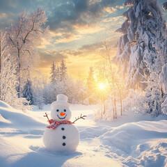 Obraz premium winter scene at sunrise with snowman