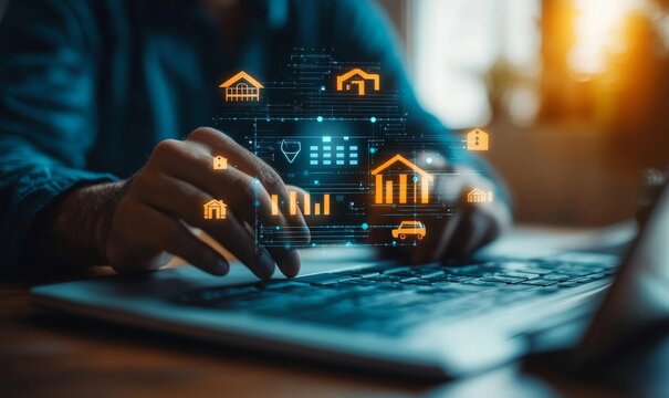 Financial Advisor Utilizing Interactive Digital Platform for Estate Planning with Icons for Wills, Trusts, and Property Management, Generative AI