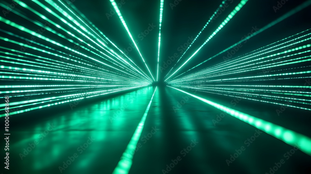 Poster visualize an empty dark space filled with glowing green fluorescent laser lights, creating an energe