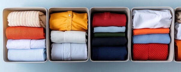 A set of packing cubes with clothes neatly organized for a trip, packing cubes, clothes, organized