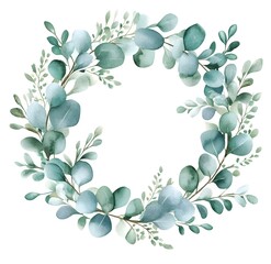 Watercolor eucalyptus wreath, with soft green and white colors, in a clipart style, isolated on a pure, solid, clean white background
