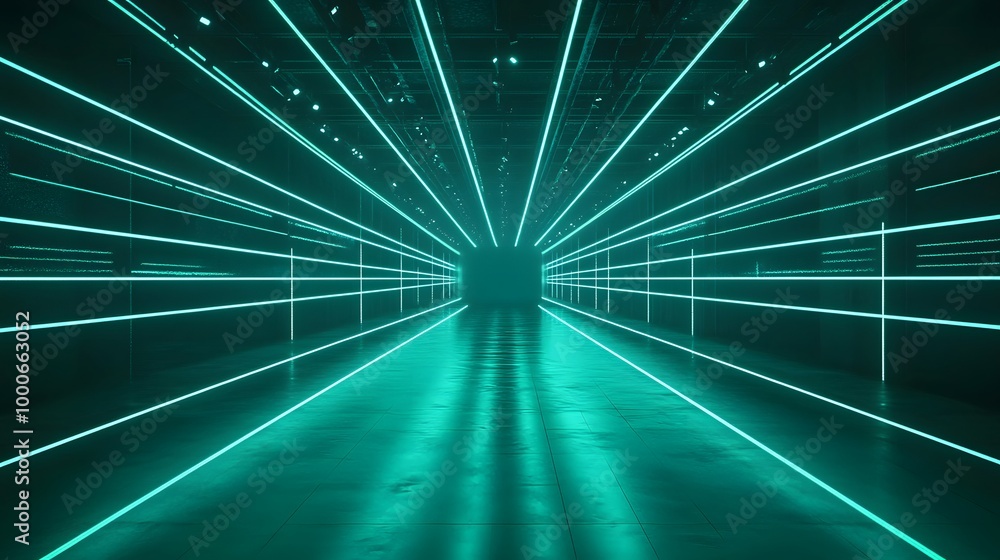 Aufkleber visualize an empty dark space filled with glowing green fluorescent laser lights, creating an energe
