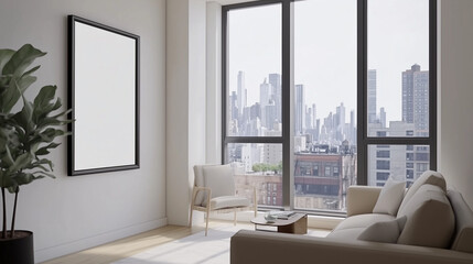 Fototapeta premium Empty poster frame in living room. City view, minimalist decor. Light wood, white walls. Neutral palette.