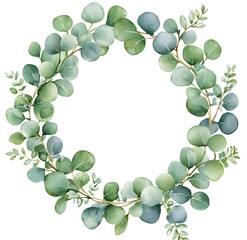 Watercolor eucalyptus wreath, with soft green and white colors, in a clipart style, isolated on a pure, solid, clean white background