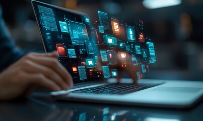 Businessman Managing Digital Files on Laptop - Document Management System, Enterprise Content, Paperless Workflow, Data Search, Cloud Technology, Generative AI