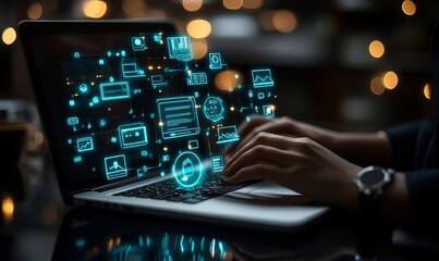 Business professional displays a holographic compliance concept with regulations icons, policies, and auditing on a laptop, importance of adhering to legal & ethical standards, Generative AI