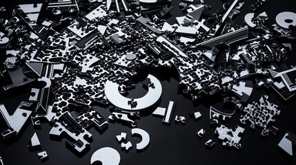 Obraz premium A chaotic arrangement of black and white puzzle pieces scattered on a dark surface, suggesting a creative challenge.