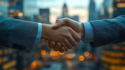 businessperson shaking hands with a client, conveying trust and partnership, set against a backdrop of a modern office skyline